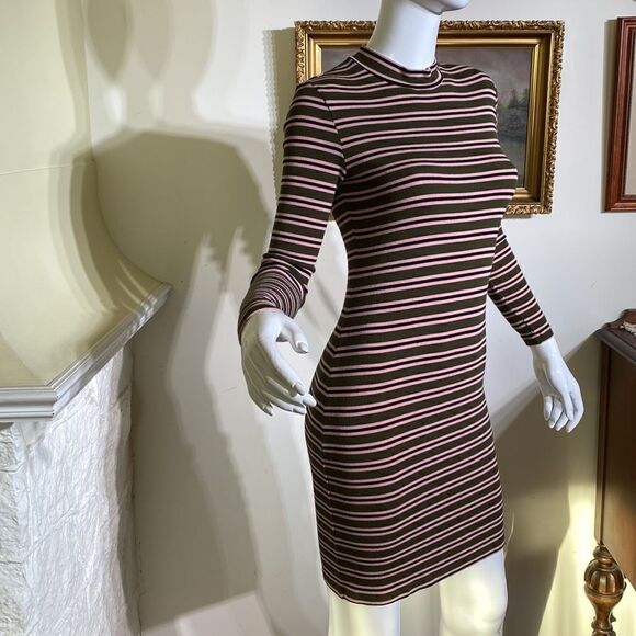 American Apparel Striped Ribbed Mock Turtleneck Long Sleeve Mini Dress - Picture 9 of 11